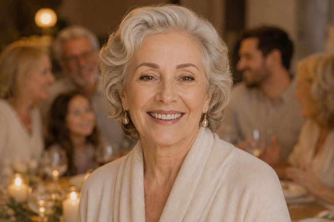 Confident woman over 65 at family celebration, natural effortless brows — permanent makeup Tempe AZ