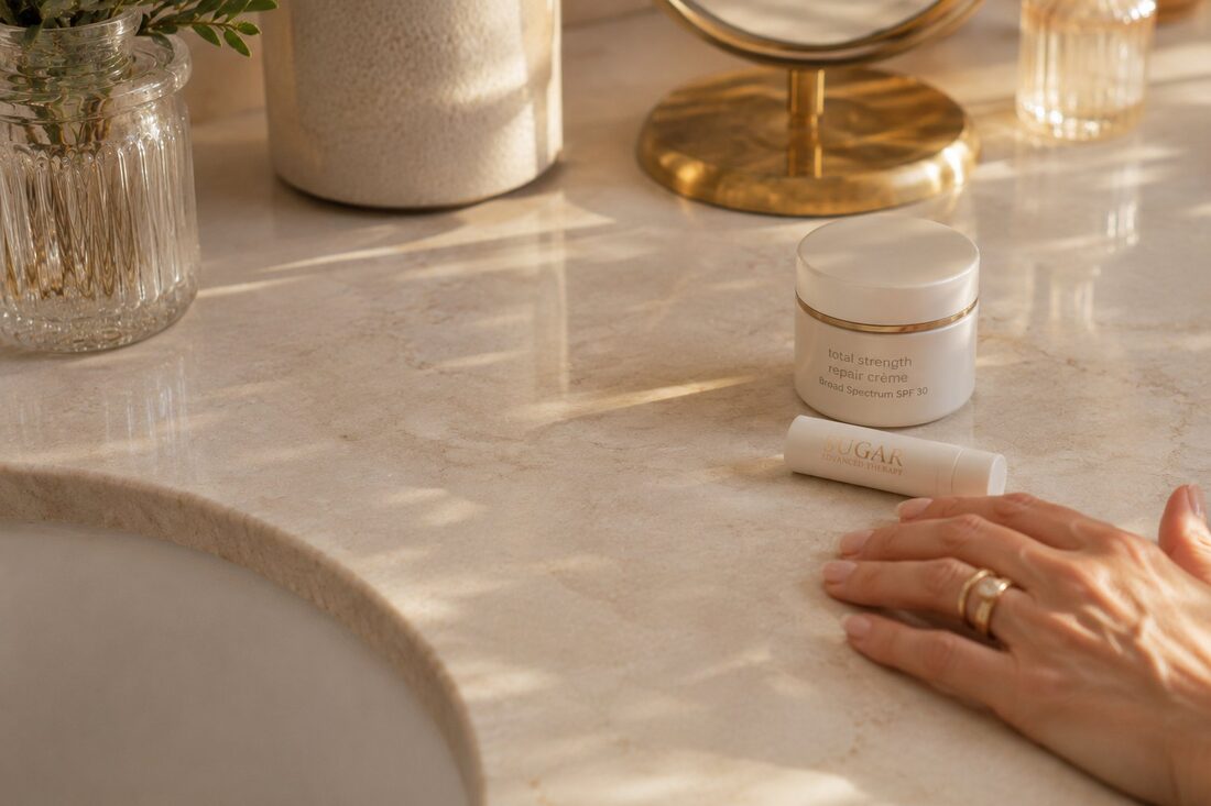 Clean bathroom counter with just moisturizer and lip balm — no brow products — Kiss Kreations Tempe AZ